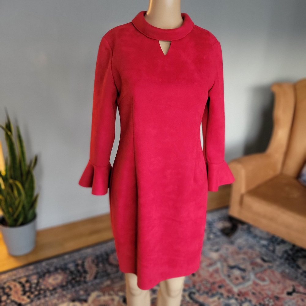 Blue Sky Butterfly Women's Red Suede Collared Long Bell Sleeve Dress Size Medium